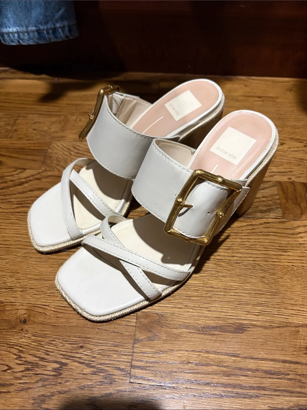 Dolce Vita Cream Buckle Strap Square-Toe Heeled Mules